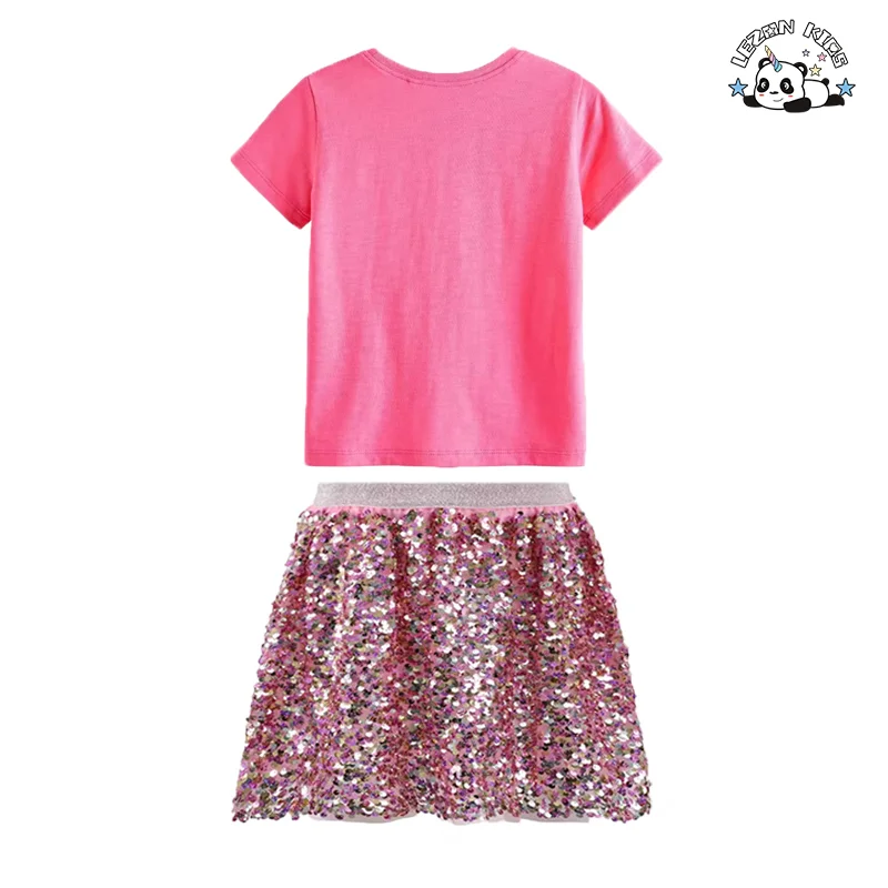 LEZONKIDS - Stylish Girls Custom 2-Piece Summer Clothing Set Sequin Skirt with Sequins Embroidered T-Shirts